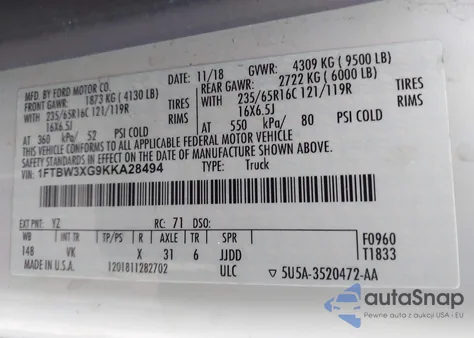 2019 Ford Transit z USA, uszkodzony, nr VIN 1FTBW3XG9KKA28494